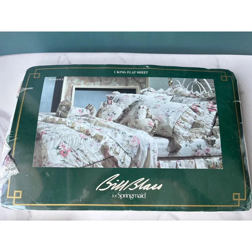 Bill Blass for Springmaid Romance King Flat Sheet Vintage Floral Lace Ruffle NEW